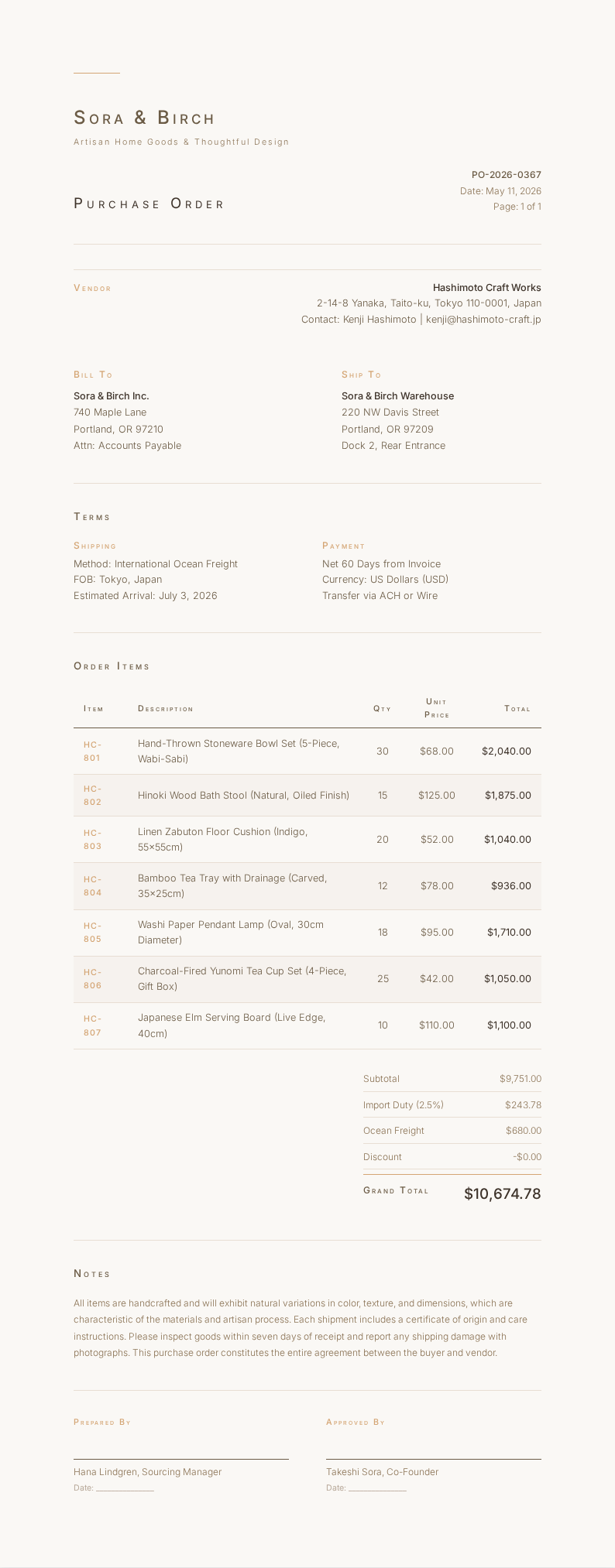 Japandi minimalist Purchase Order